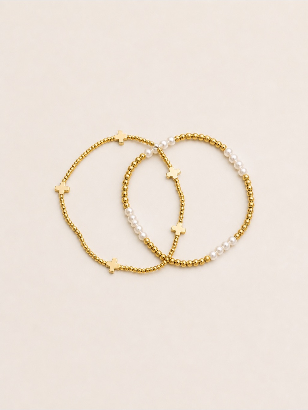 Gold and White Pearl Cross Stretch Bracelet Duo